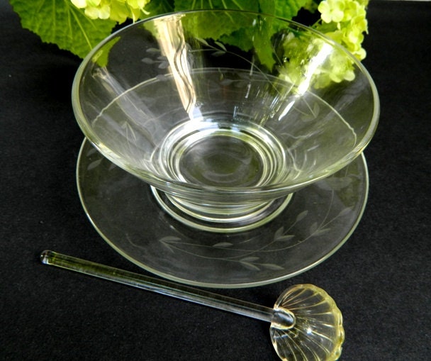 Vintage Etched Mayonnaise Set Bowl Spoon Underplate Haute Juice