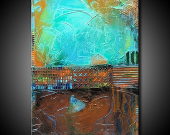 24x36 Textured Abstract Painting Urban Modern ORIGINAL Teal Brown Canvas Fine Art by Maria Farias