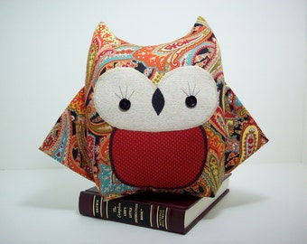 Owl pillow plush toy in paisley, owl toy, owl nursery decor, black and red owl pillow, owl stuffed toy