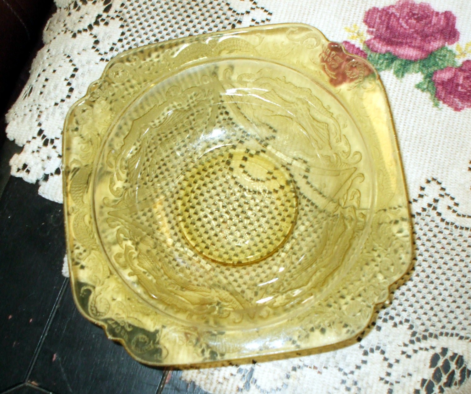 Yellow Depression Glass Bowl Dish Etched Scrolly Vintage