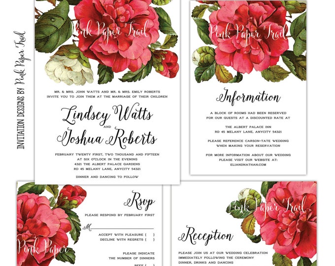 Printable Wedding Invitation Suite v.2, Floral, Romantic, Rustic, Garden, Spring Wedding, Red Flowers, 4 Pc. Suite