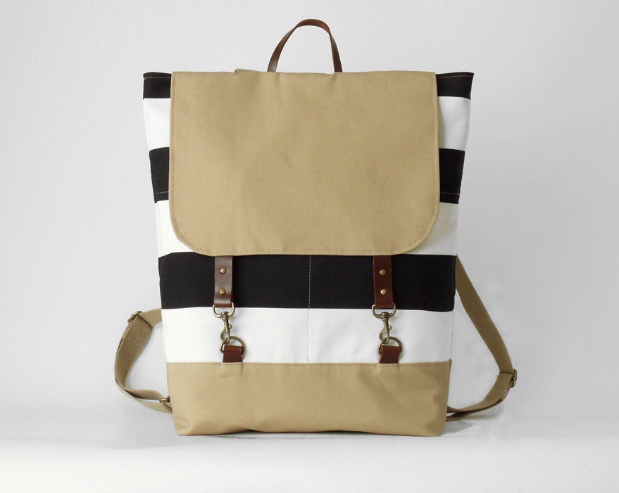 Black stripe canvas backpack laptop backpack diaper bag
