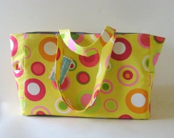 MADE TO ORDER Retro Bubbles Diaper Bag, School Bag, Work Bag, with Waterproof lining, Yellow/Gray