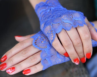 Lace Gloves in Blue , stretch lace, fingerless lace gloves, Bride, bridesmaid, gift for her. Ready to ship.