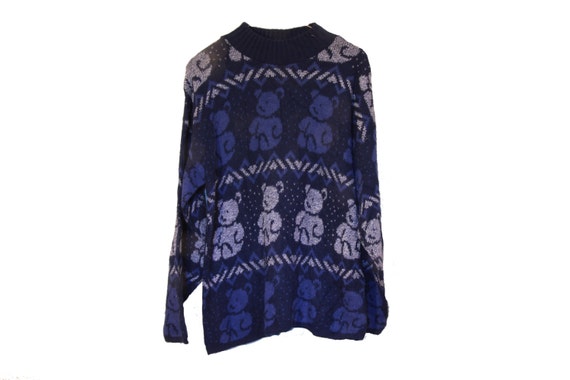 Vintage Bear Print Sweater in Grey and Blue Very Cute Animal