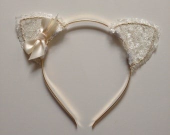 Cream Lace Cat Ears with Bow
