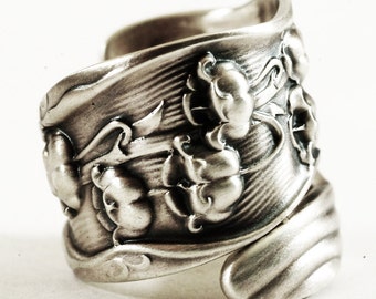 Large Spoon Ring, Lily of the Valley Ring, Floral Ring, Flower Ring Silver, Art Nouveau Ring, Botanical Jewelry, Adjustable Ring Size (6270)
