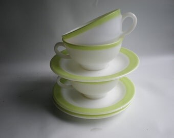 SALE Lime Green Striped or Banded Milk Glass Cups and Saucers Set of 3