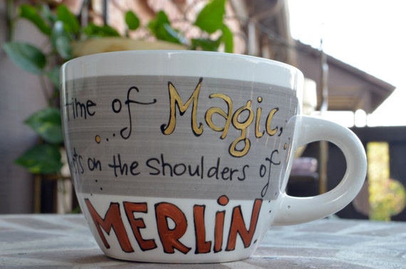 Merlin "In a land of myth and a time of magic" Hand painted quote mug - Sm/Med White and Grey teacup mug - Geeky