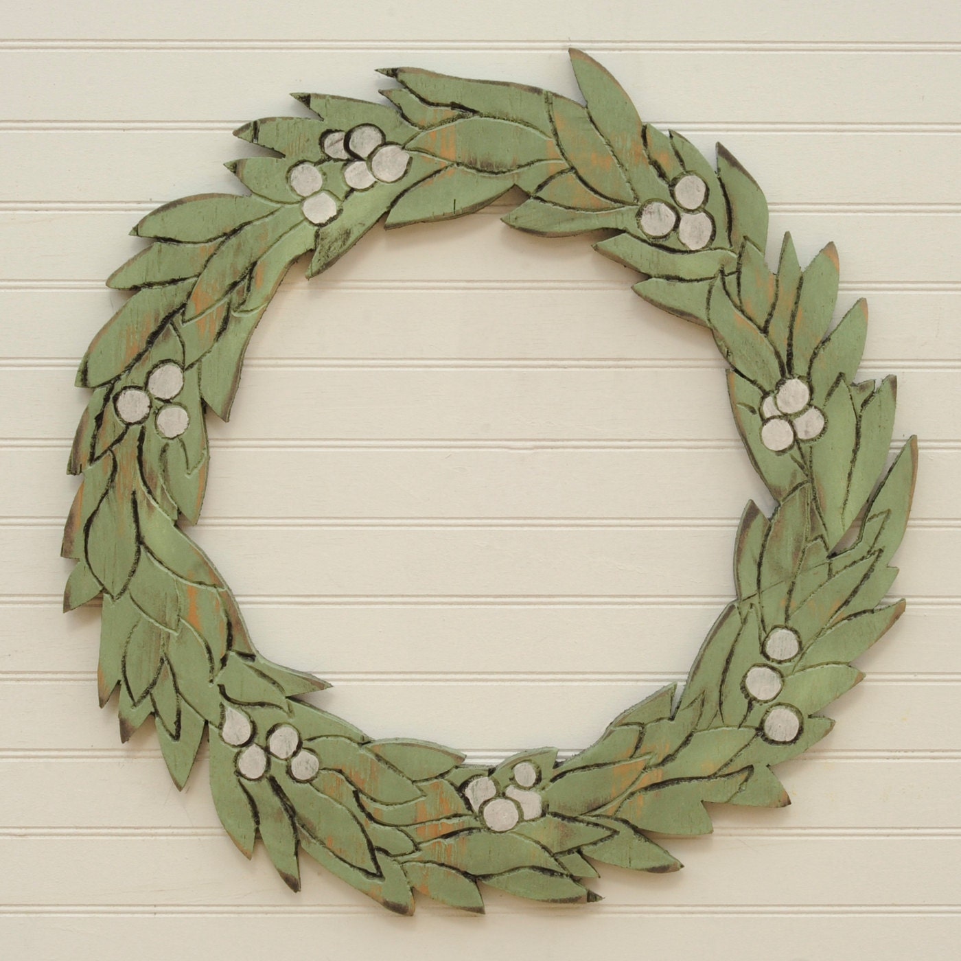 Wooden Winter Wreath Holiday Decor Christmas Green and White