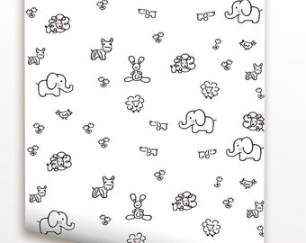 Children Playroom Kids Room Removable Wallpaper- Lovely Animals - Just Peel and Stick Custom Colors Wallpaper Children Wall Murals prt0038