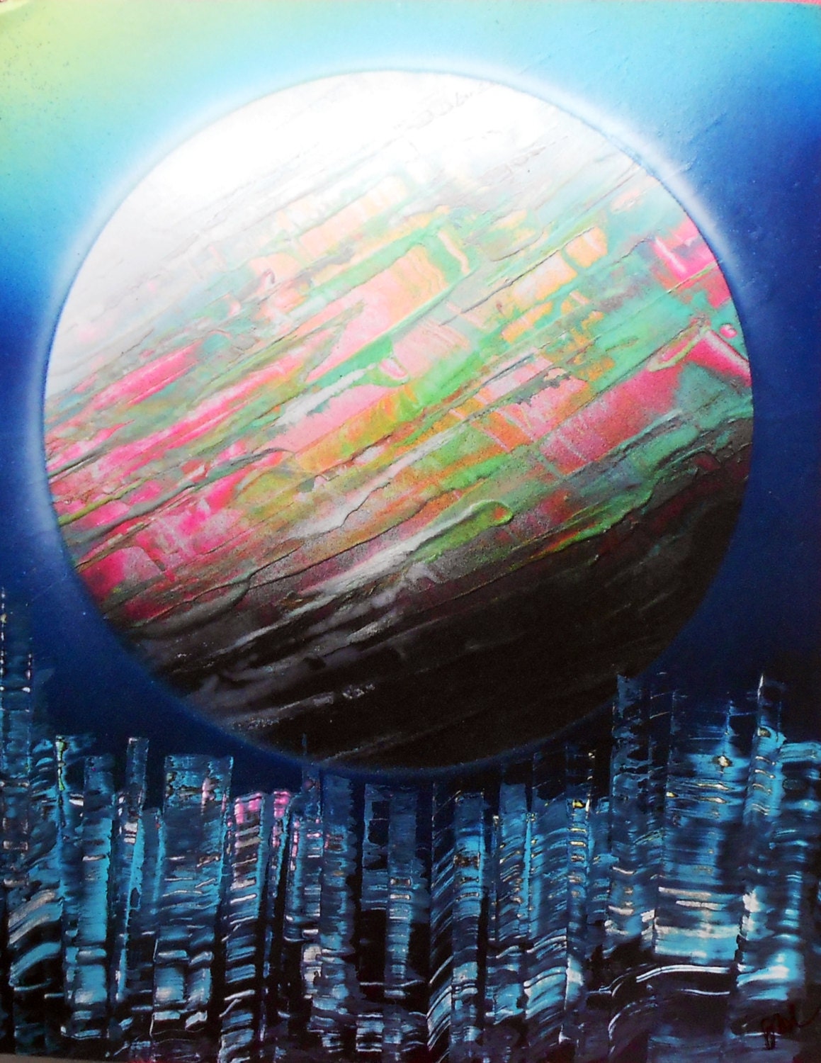 Spray Paint Art Original over City Poster 14 x 11 by EacArt