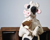 Signed Pottery Cow Figurine Karen Jones Metal Bell Black n White Milk Funny Estate Find Collectible