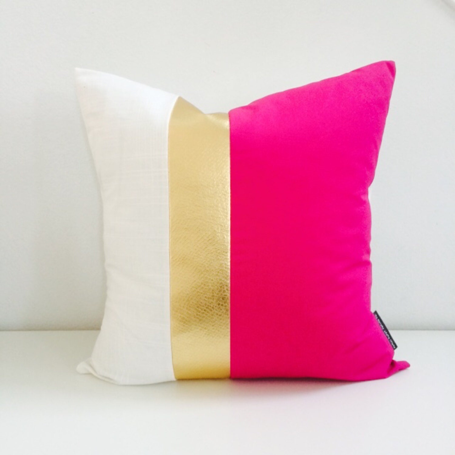 Hot Pink Gold Pillow Cover two size choices 16 18 or 20 Cushion Fuchsia White and Metallic Faux ...