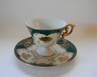TEACUP. Vintage ROYAL HALSEY, Teal and Gold, Footed Teacup