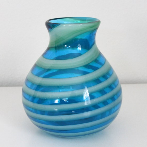 Hand Blown Murano Swirl Glass Vase in Blue and Green Art