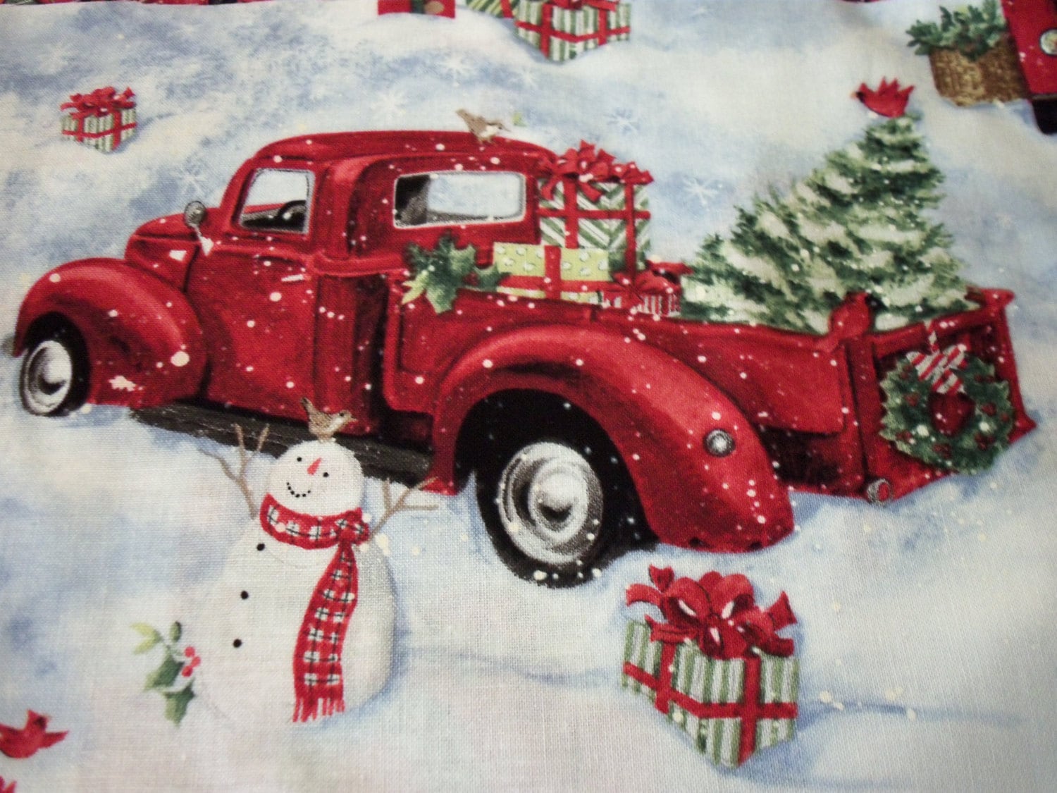 Red Pickup Truck full of Christmas Presents Fabric Very Cute