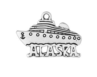 5 Antique Silver Cutout "Alaska" CRUISE SHIP Charm Pendants chs1446