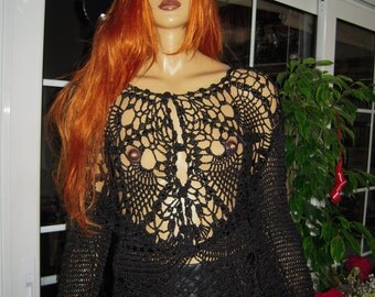 MADE TO ORDER handmade crochet blouse/black silk top embroidered with Swarovski crystals/boho loose blouse gift idea for her by golden yarn