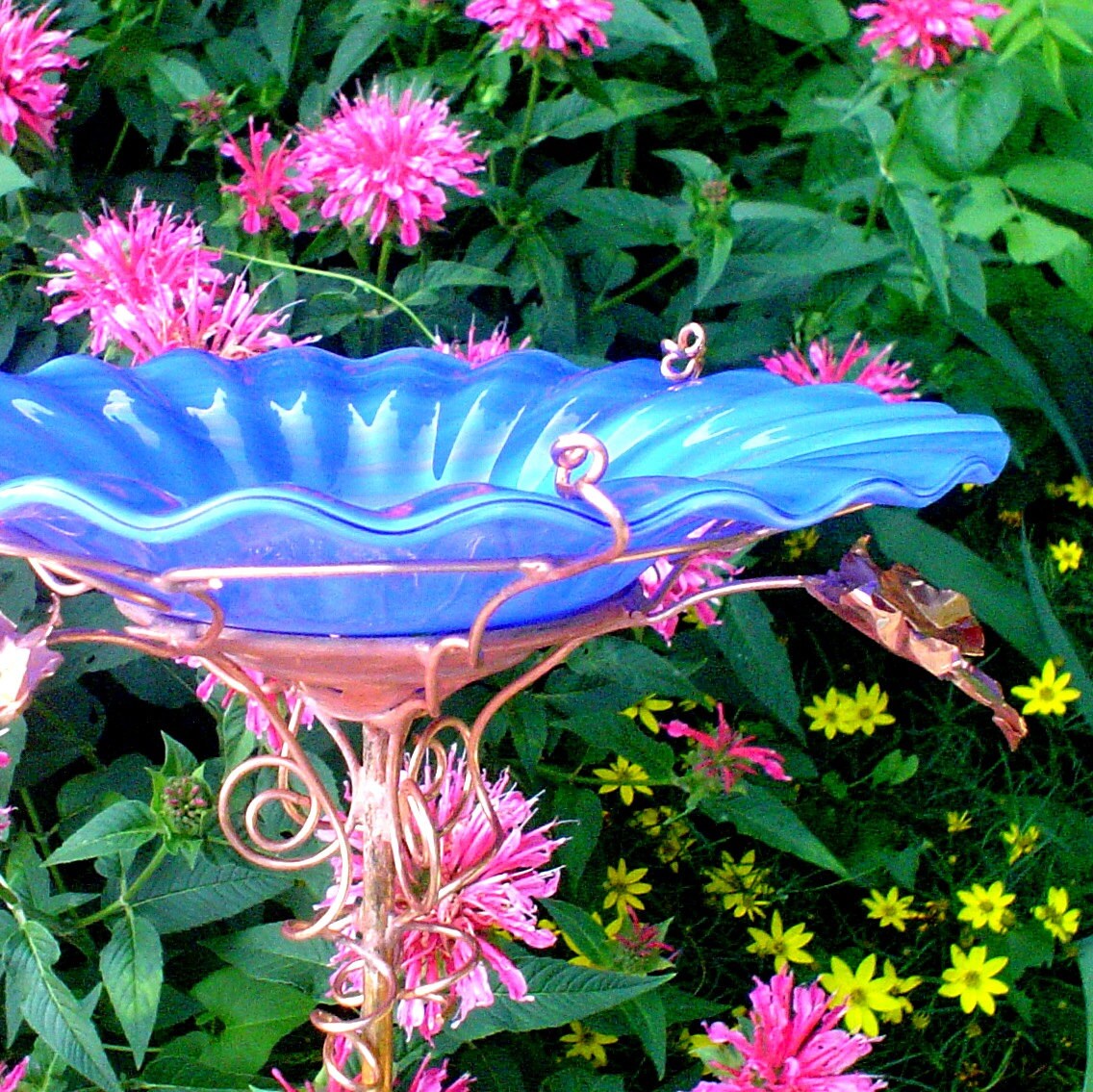 BIRD BATH stained glass Garden stake copper by GloriasGlassGarden