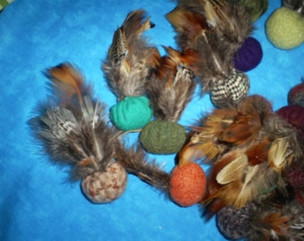 12 Recycled, felted wool and feathers, cat toys with organic catnip.