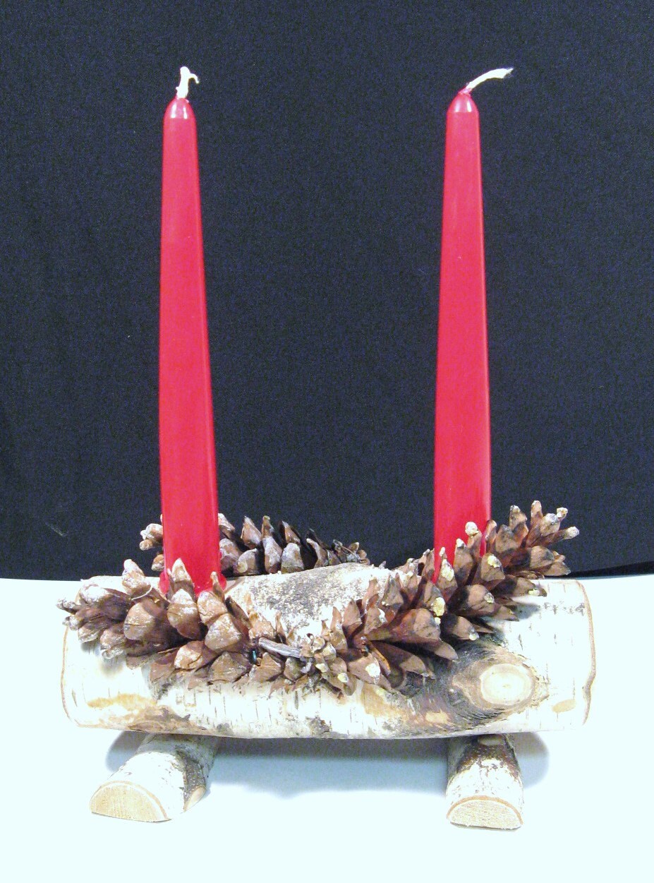 CANDLE HOLDER 2 candle birch log Christmas decor Holiday
