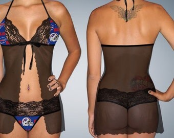 Handmade with NFL Buffalo Bills fabric Sexy lingerie scalloped lace accent teddy White mesh babydoll dress with matching G string set