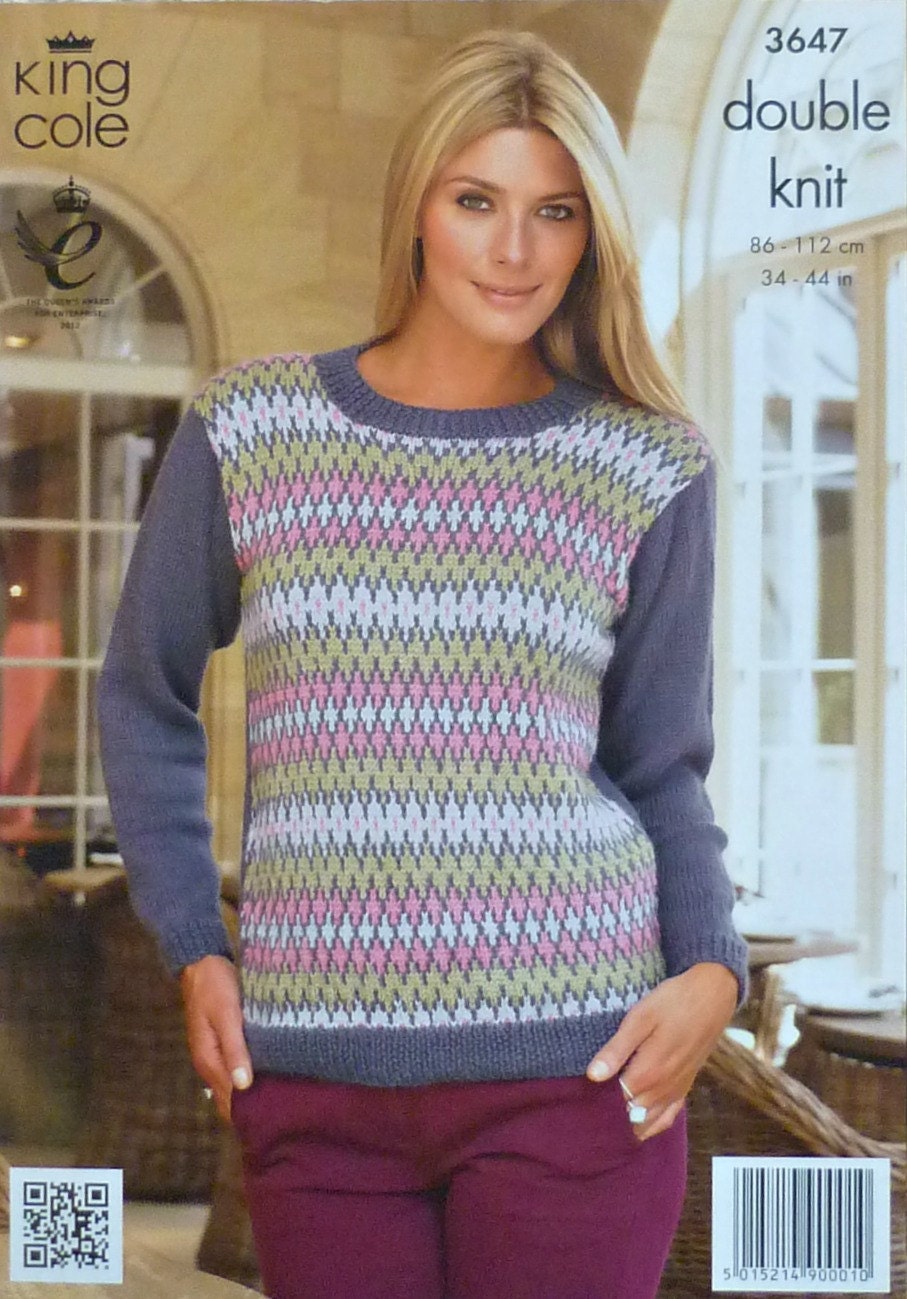 Womens Knitting Pattern K3647 Ladies Long Sleeve Round Neck Fairisle Front Ju...