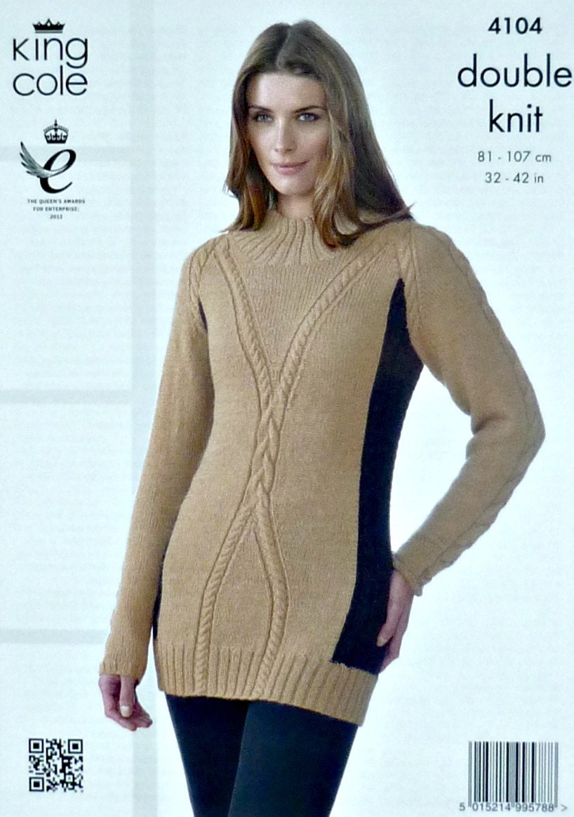 Womens Knitting Pattern K4104 Ladies Long Sleeve High Neck 2 Colour Cable des...