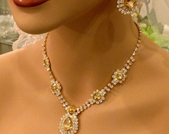 Wedding jewelry set ,bridesmaid jewelry set, Bridal necklace earrings, vintage inspired rhinestone jewlery, Champagne crystal jewelry set
