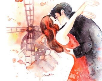 Moulin Rouge Movie poster inspired Watercolor Print - Romantic Couple Kiss