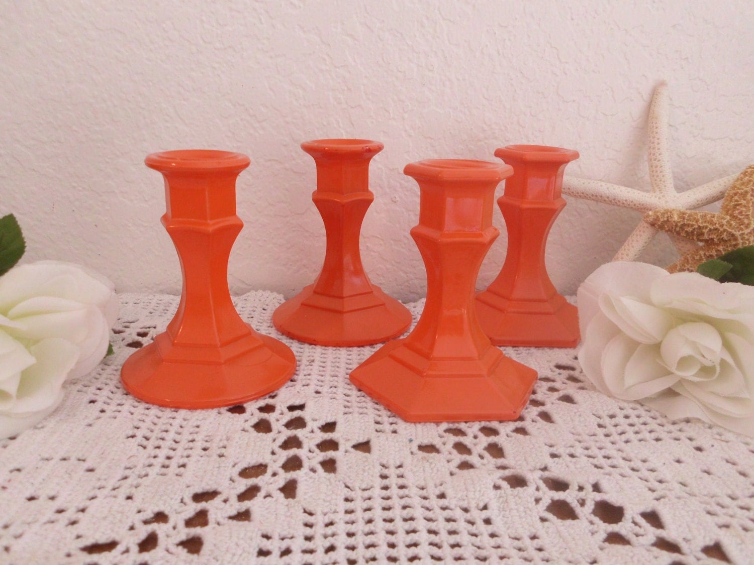 Orange Candle Holder Set Taper Candlestick Pair by ElegantSeashore