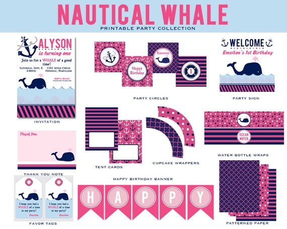 PREPPY WHALE Birthday Collection, Pink and Navy, Nautical , Custom Printable Il_570xn