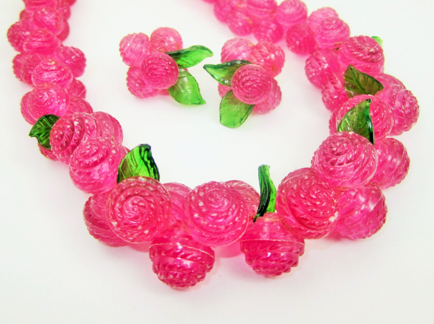 Plastic Berries Necklace Pink Green Fruit Cluster Jewelry Old