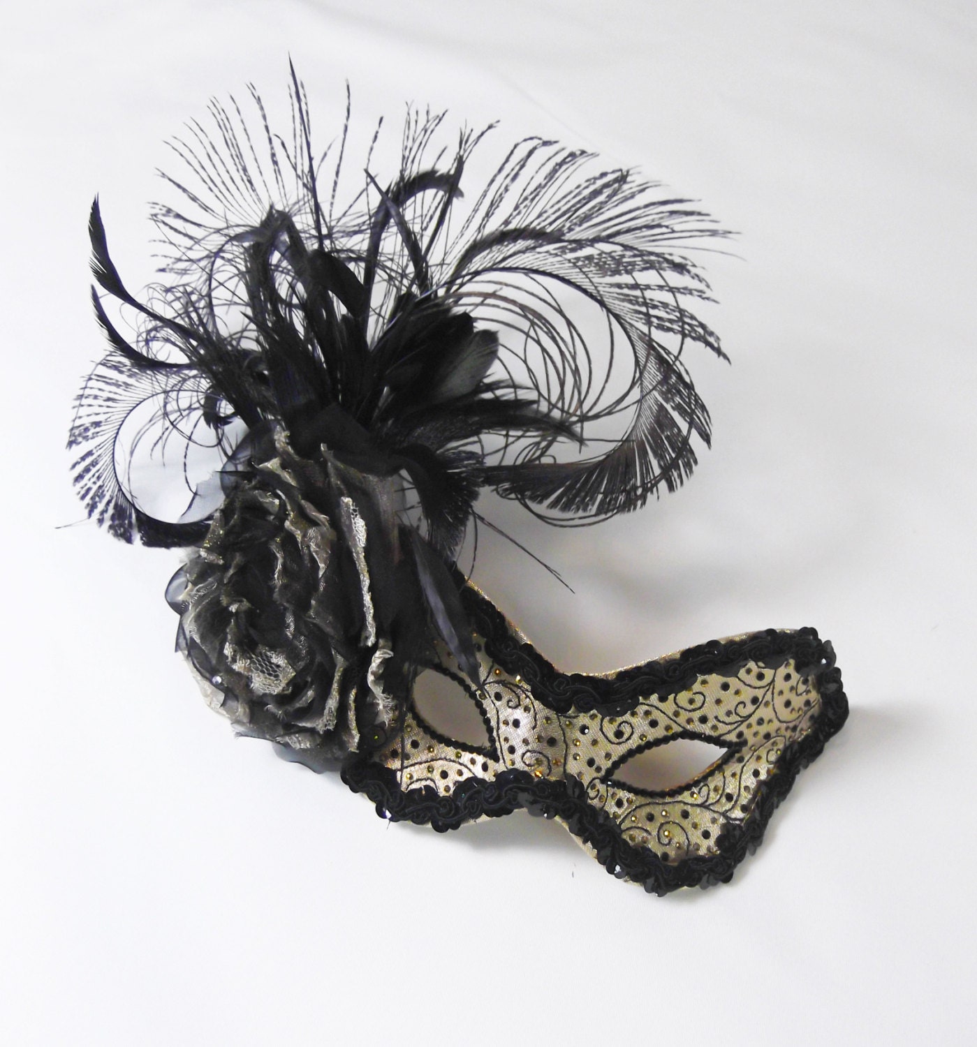 Black And Gold Masquerade Ball Mask With Feather Mount