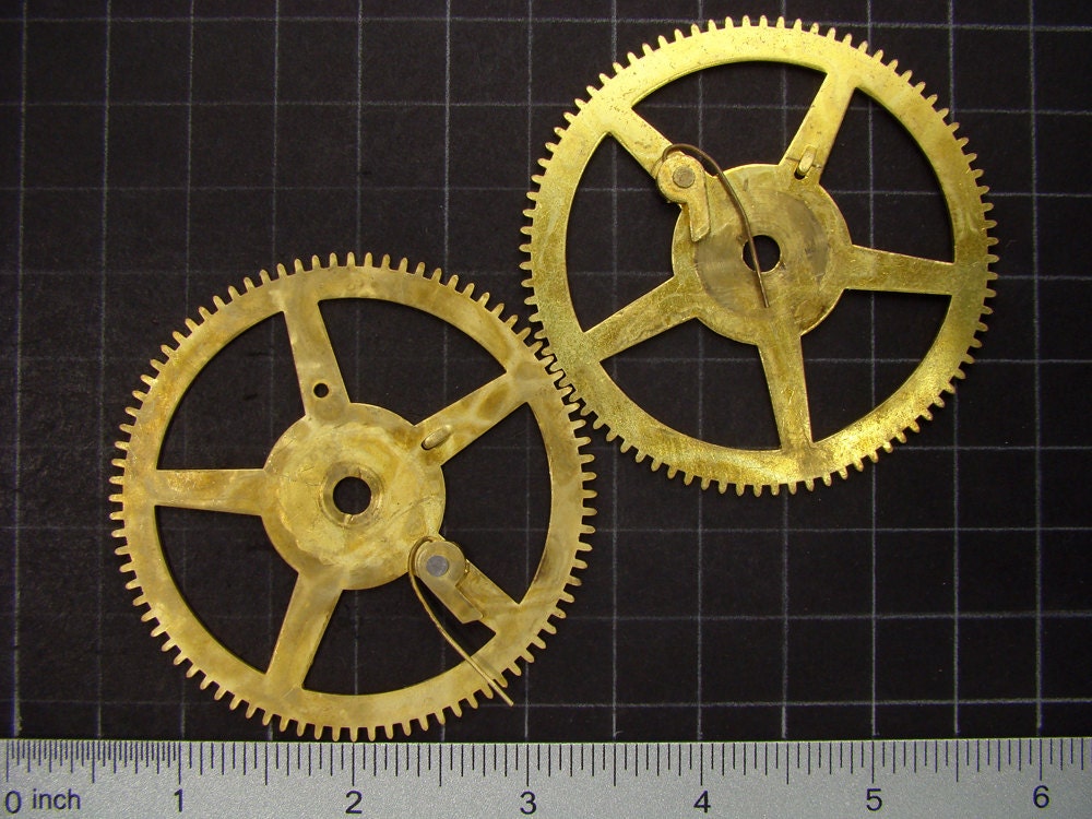 2 Large vintage brass gears antique clock movement gears