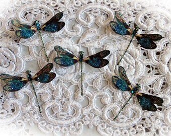 Reneabouquets Tiny Treasures Dragonfly Set- Peacock Feather Glitter Glass Dragonflies Scrapbook Embellishment, Home Decor, , Wedding