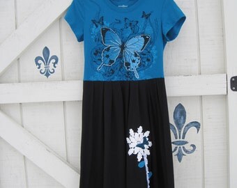 Rustic dress, teal blue, black teal dress, artsy butterfly dress XS-S