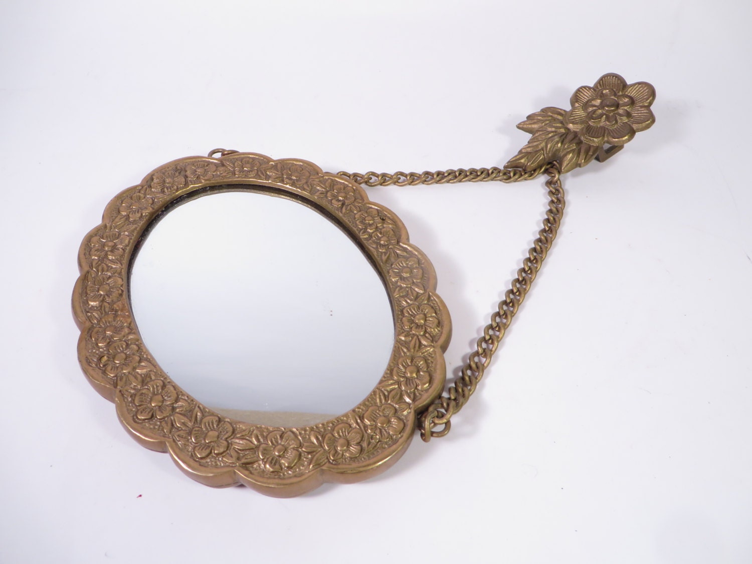 Vintage Small Brass Oval Hanging Mirror Ornate Brass Wall