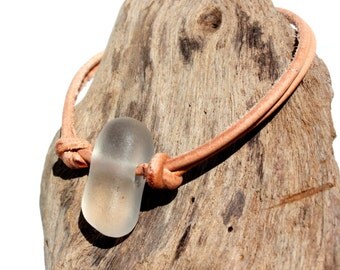 Hawaiian Clear Beach Glass on India Leather Cord Completely Adjustable & Stackable Bracelet
