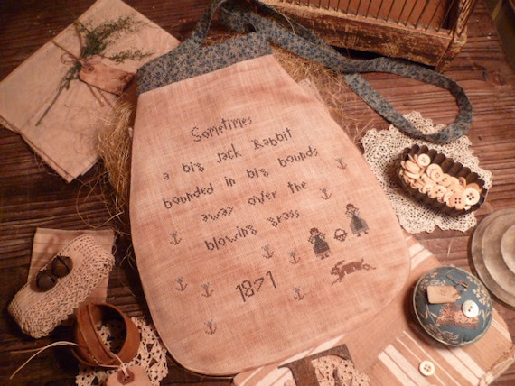 PRIMITIVE Completed Cross Stitch Pouch- Sometimes a big Jack RaBBiT -Laura Ingalls -The Blue Attic
