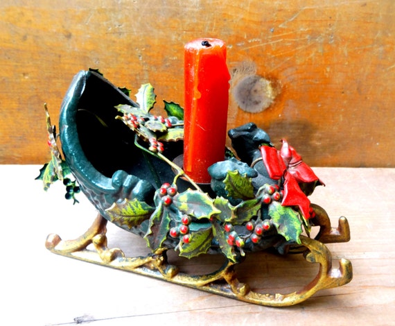 Vintage christmas sleigh candle holder table centerpiece