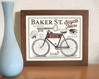 Sherlock 221B Baker Street Sherlock Holmes I am Sherlocked Geekery Bicycle Art Print London England Mystery Detective Dr Watson