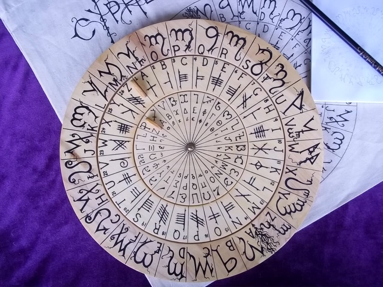 Cypher Wheel Cipher Disk Wood with Theban Ogham by Cypherwheel