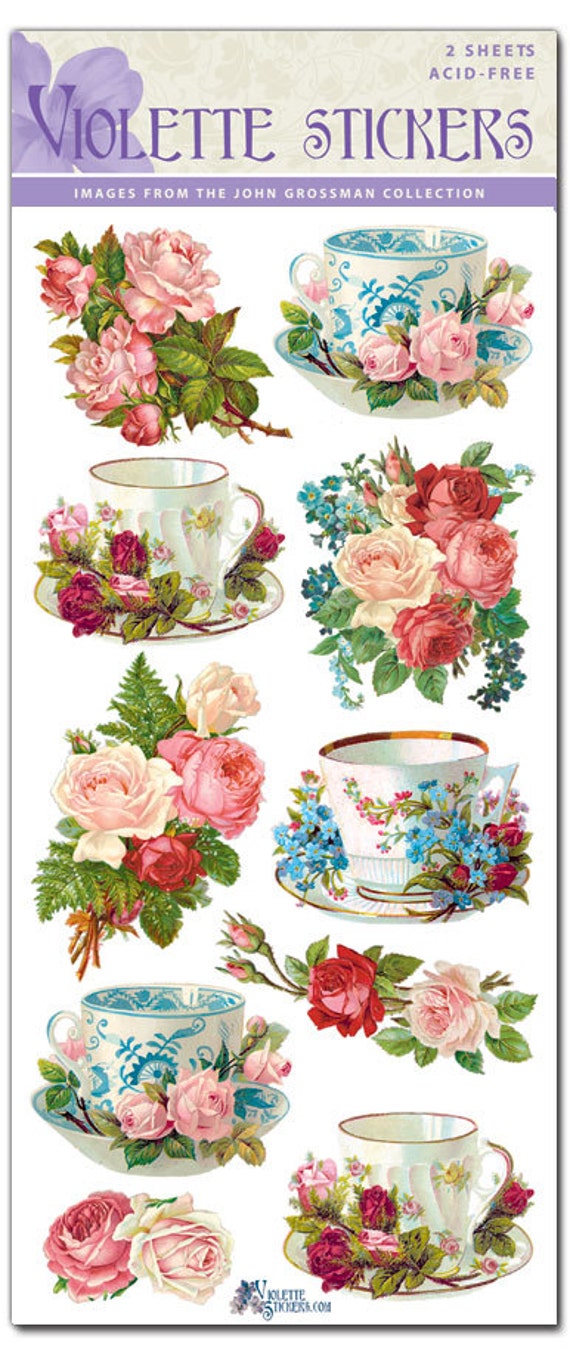 Teacups and Rose Stickers for Crafting-2 sheets