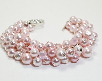 Pink Cluster Bracelet, Bridal Jewelry, Wedding Bracelet, Pearl Bridesmaid Bracelet, Pink Bracelet, Chunky Bracelet, Shades of Pink Jewelry