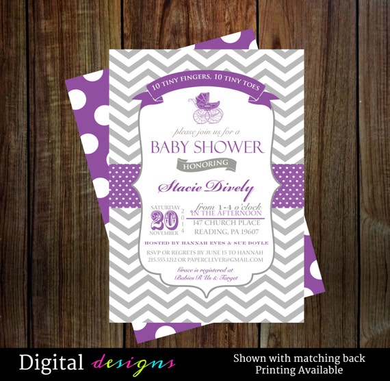 Girls baby shower invitations gray chevron with purple and baby carriage digital file printable NO.178 Il_570xn