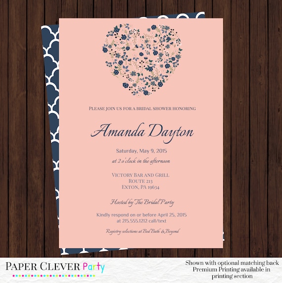 Coral and navy bridal shower invitations - modern watercolor and cottage flower invites printable file Il_570xn