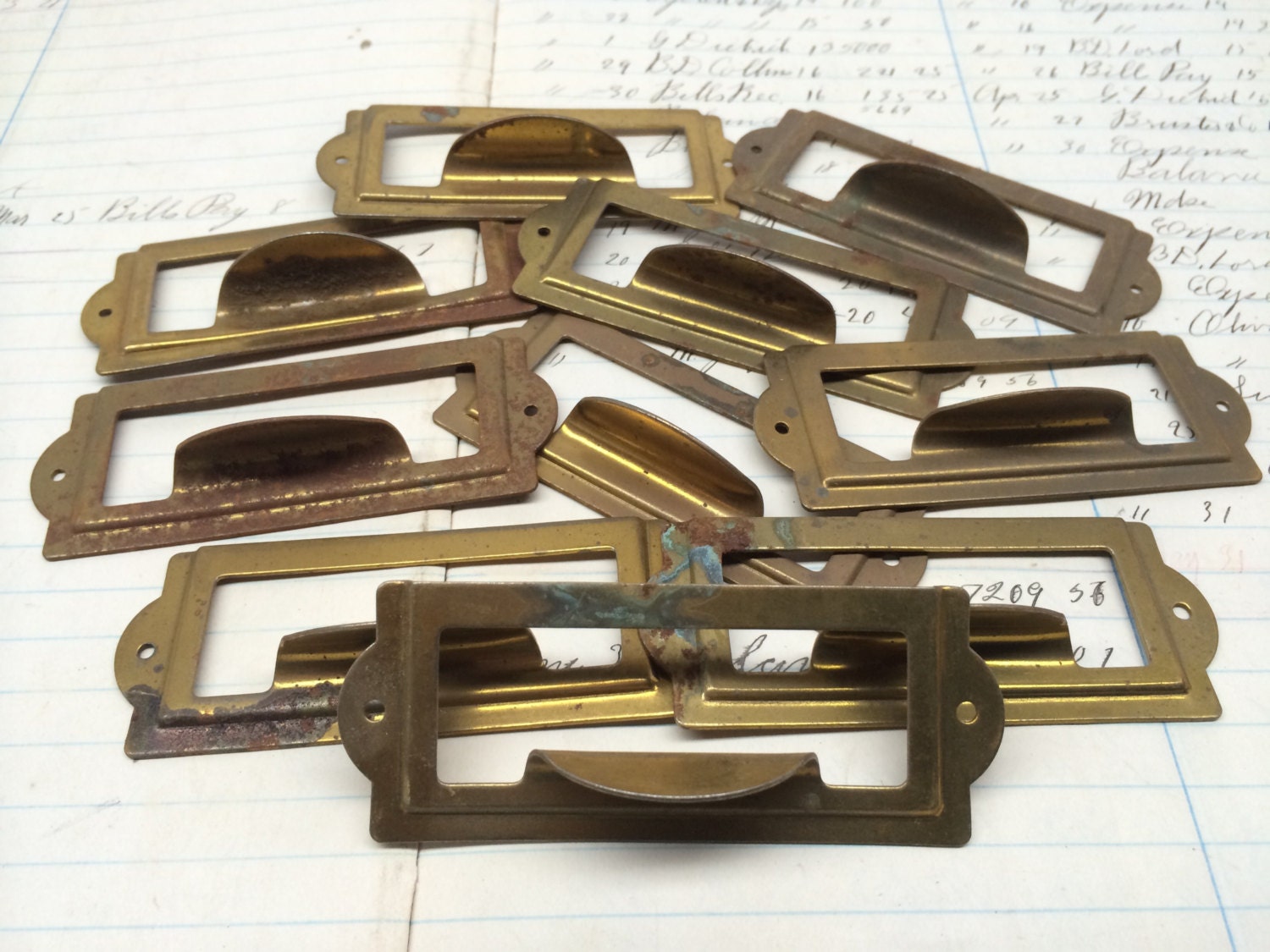 Vintage brass label holders for drawers antique drawer pull