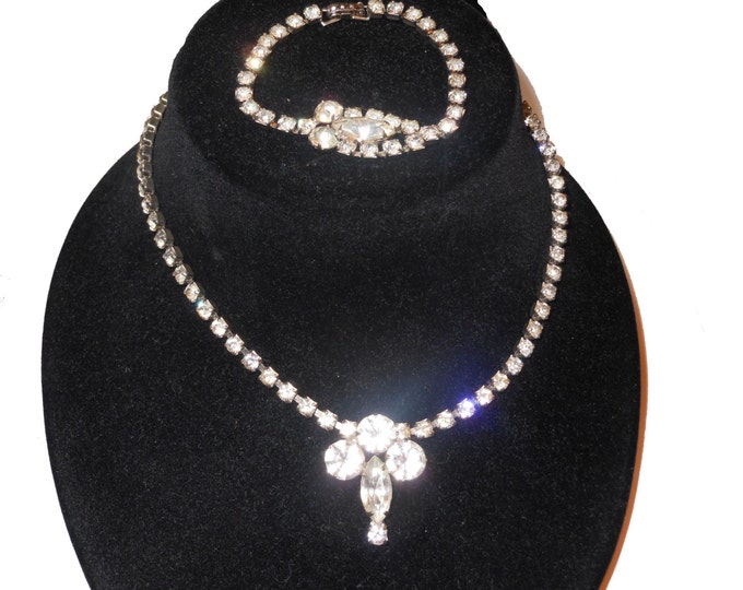 Clear rhinestone necklace and bracelet prong set demi parure set with navette focus stones